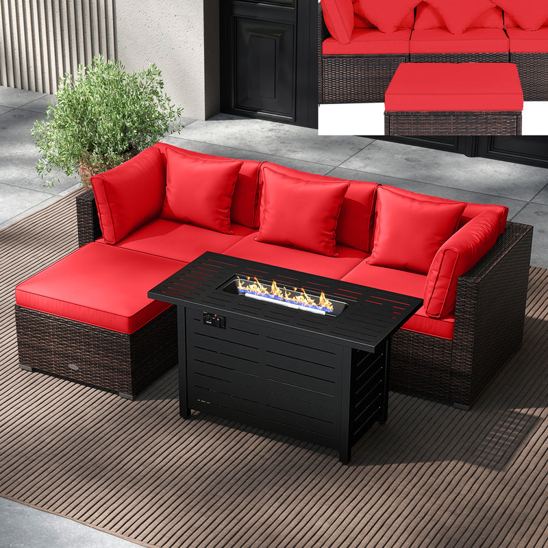 Costway - Heavy-duty Frame Rattan Sofa Set with 60000 BTU Firepit Table-Red