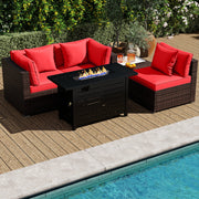 Costway - Heavy-duty Frame Rattan Sofa Set with 60000 BTU Firepit Table-Red