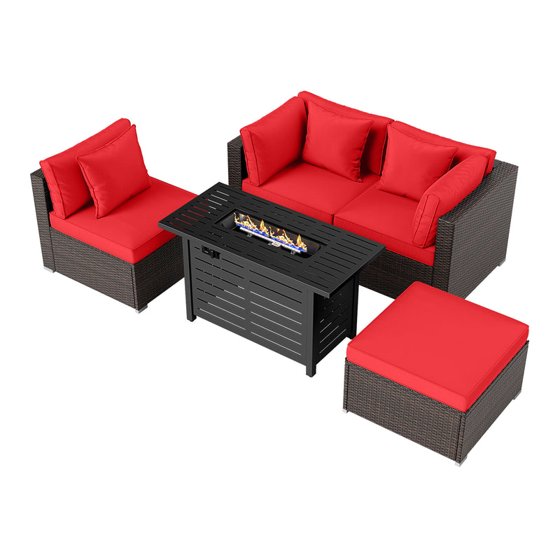 Costway - Heavy-duty Frame Rattan Sofa Set with 60000 BTU Firepit Table-Red