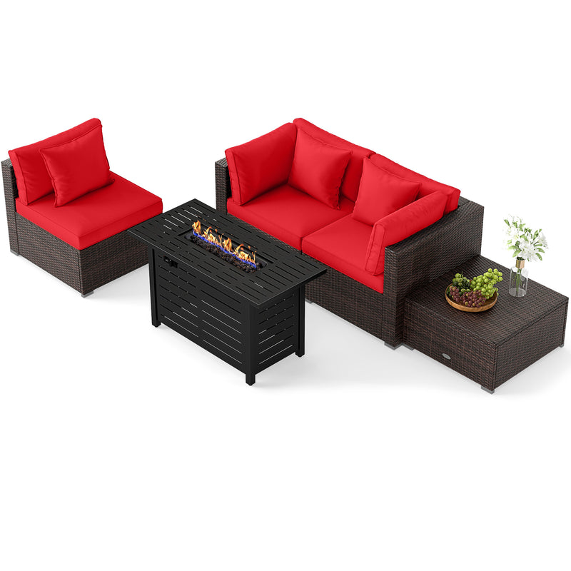 Costway - Heavy-duty Frame Rattan Sofa Set with 60000 BTU Firepit Table-Red