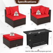 Costway - Heavy-duty Frame Rattan Sofa Set with 60000 BTU Firepit Table-Red