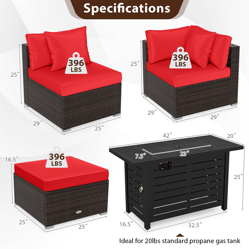 Costway - Heavy-duty Frame Rattan Sofa Set with 60000 BTU Firepit Table-Red