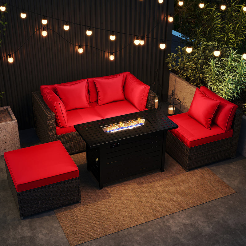 Costway - Heavy-duty Frame Rattan Sofa Set with 60000 BTU Firepit Table-Red