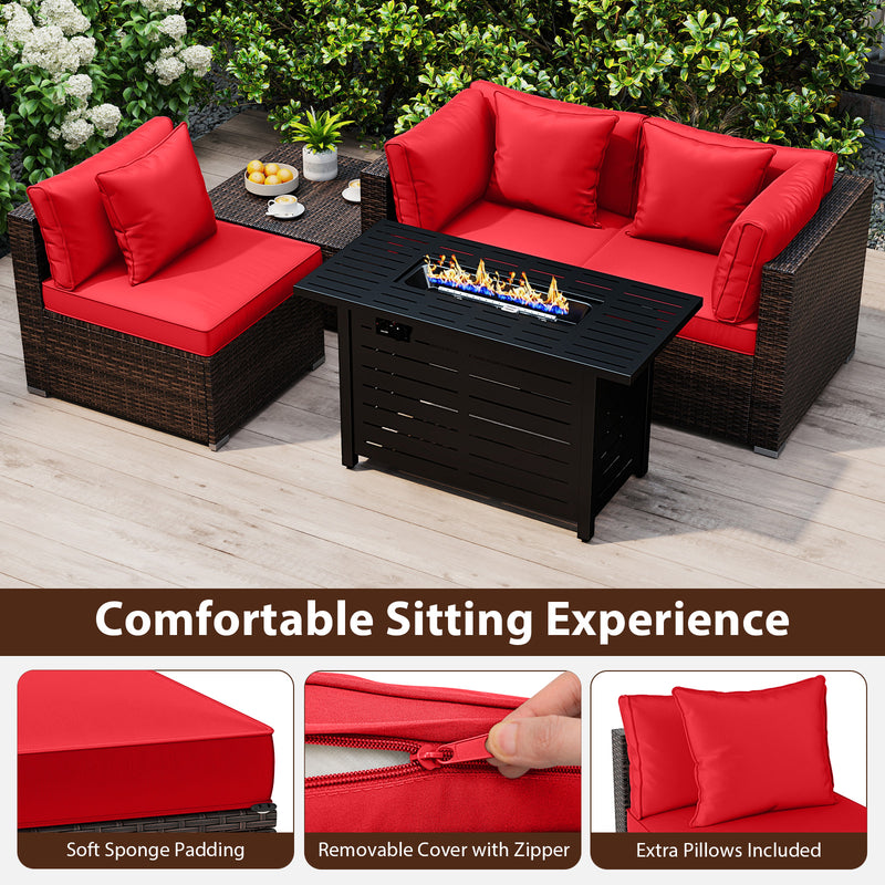 Costway - Heavy-duty Frame Rattan Sofa Set with 60000 BTU Firepit Table-Red