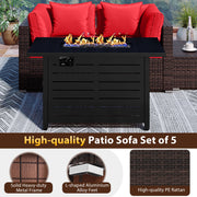 Costway - Heavy-duty Frame Rattan Sofa Set with 60000 BTU Firepit Table-Red
