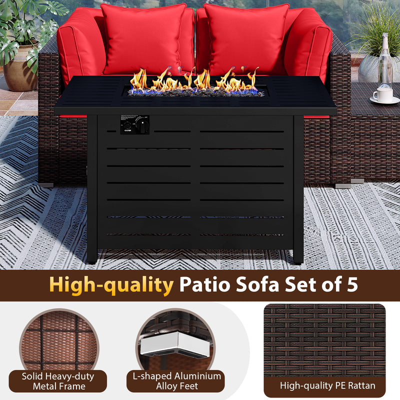 Costway - Heavy-duty Frame Rattan Sofa Set with 60000 BTU Firepit Table-Red