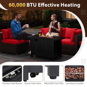 Costway - Heavy-duty Frame Rattan Sofa Set with 60000 BTU Firepit Table-Red