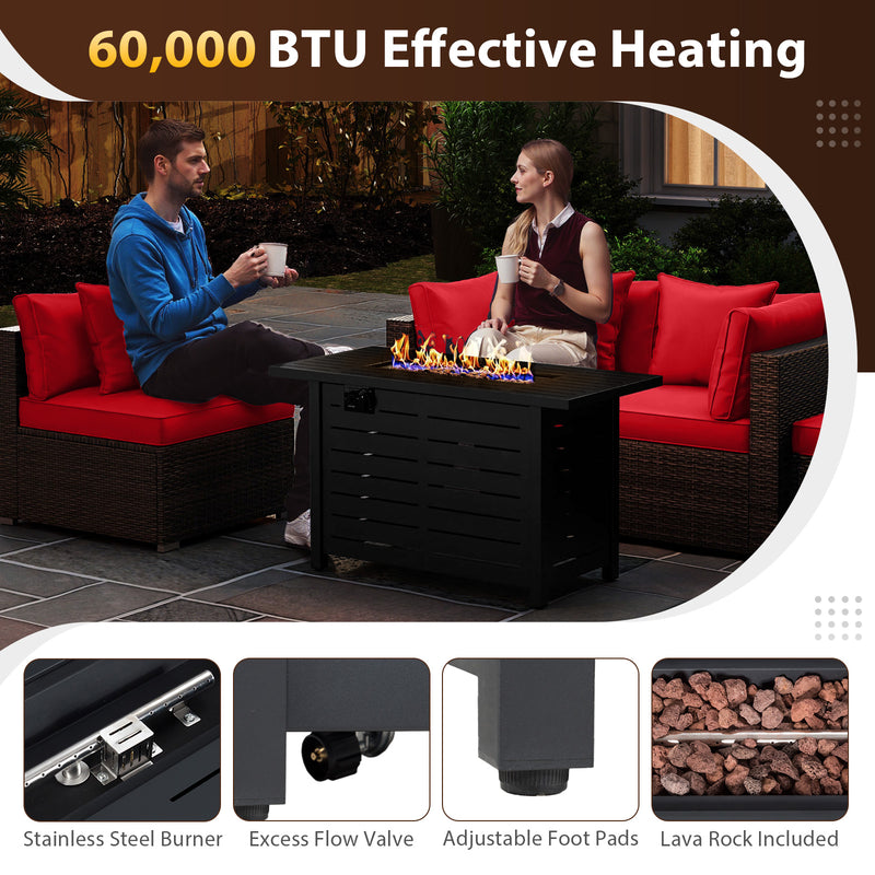Costway - Heavy-duty Frame Rattan Sofa Set with 60000 BTU Firepit Table-Red