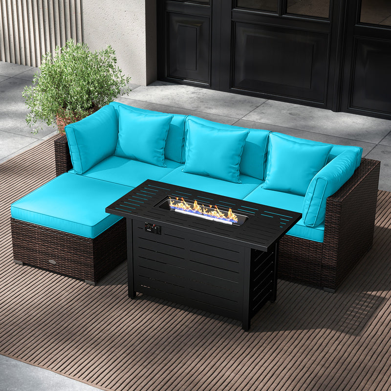 Costway - Heavy-duty Frame Rattan Sofa Set with 60000 BTU Firepit Table-Turquoise