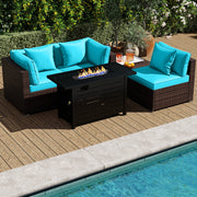Costway - Heavy-duty Frame Rattan Sofa Set with 60000 BTU Firepit Table-Turquoise