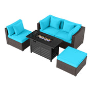 Costway - Heavy-duty Frame Rattan Sofa Set with 60000 BTU Firepit Table-Turquoise