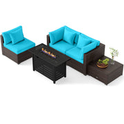 Costway - Heavy-duty Frame Rattan Sofa Set with 60000 BTU Firepit Table-Turquoise