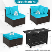 Costway - Heavy-duty Frame Rattan Sofa Set with 60000 BTU Firepit Table-Turquoise