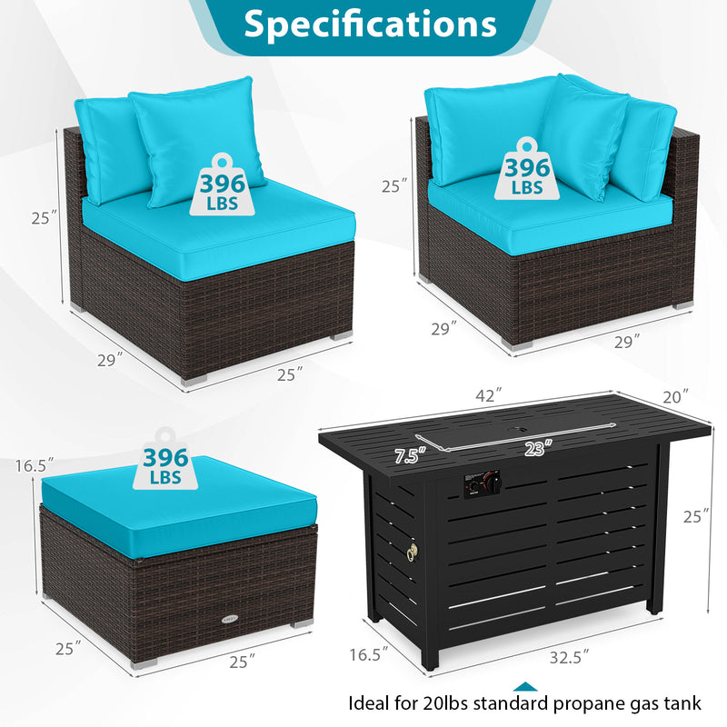 Costway - Heavy-duty Frame Rattan Sofa Set with 60000 BTU Firepit Table-Turquoise