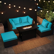 Costway - Heavy-duty Frame Rattan Sofa Set with 60000 BTU Firepit Table-Turquoise
