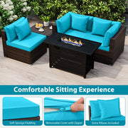 Costway - Heavy-duty Frame Rattan Sofa Set with 60000 BTU Firepit Table-Turquoise