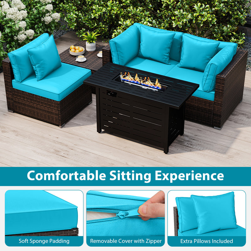 Costway - Heavy-duty Frame Rattan Sofa Set with 60000 BTU Firepit Table-Turquoise