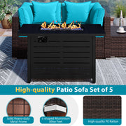 Costway - Heavy-duty Frame Rattan Sofa Set with 60000 BTU Firepit Table-Turquoise