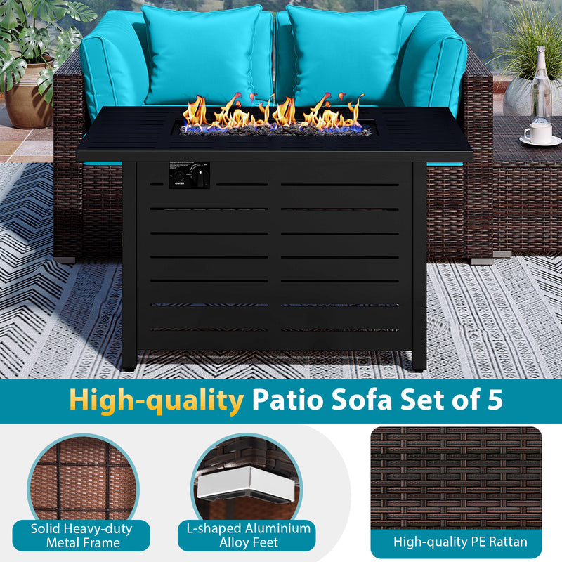 Costway - Heavy-duty Frame Rattan Sofa Set with 60000 BTU Firepit Table-Turquoise