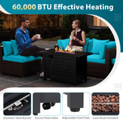 Costway - Heavy-duty Frame Rattan Sofa Set with 60000 BTU Firepit Table-Turquoise