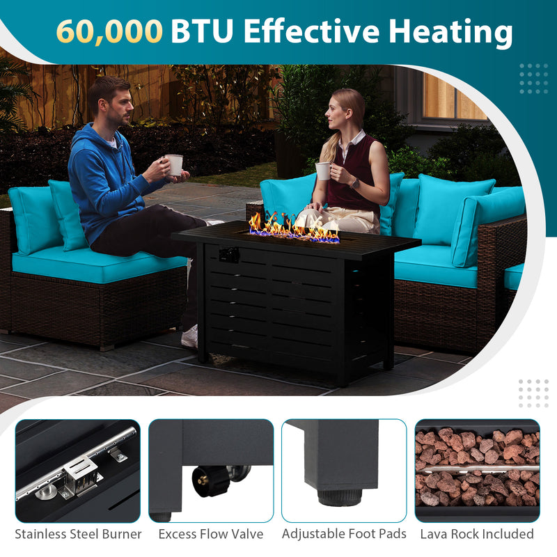 Costway - Heavy-duty Frame Rattan Sofa Set with 60000 BTU Firepit Table-Turquoise
