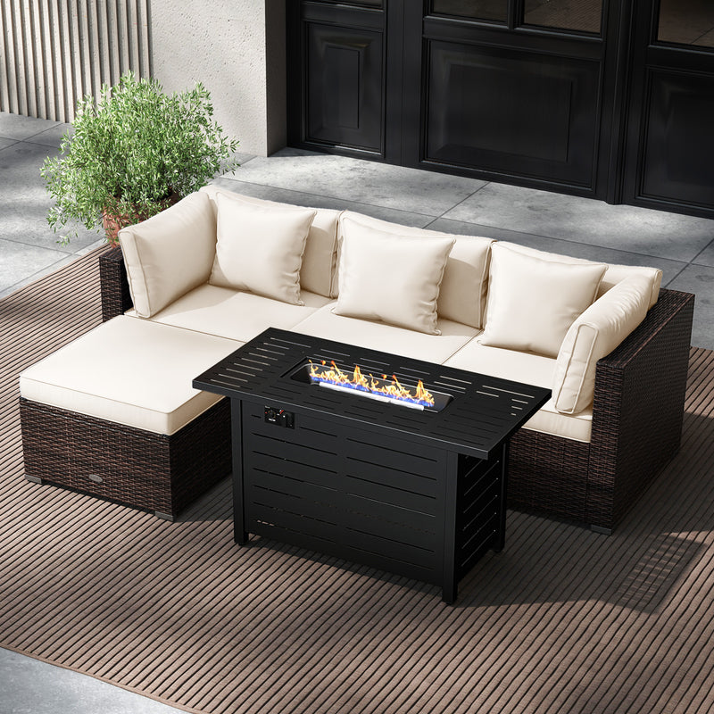 Costway - Heavy-duty Frame Rattan Sofa Set with 60000 BTU Firepit Table-Off White