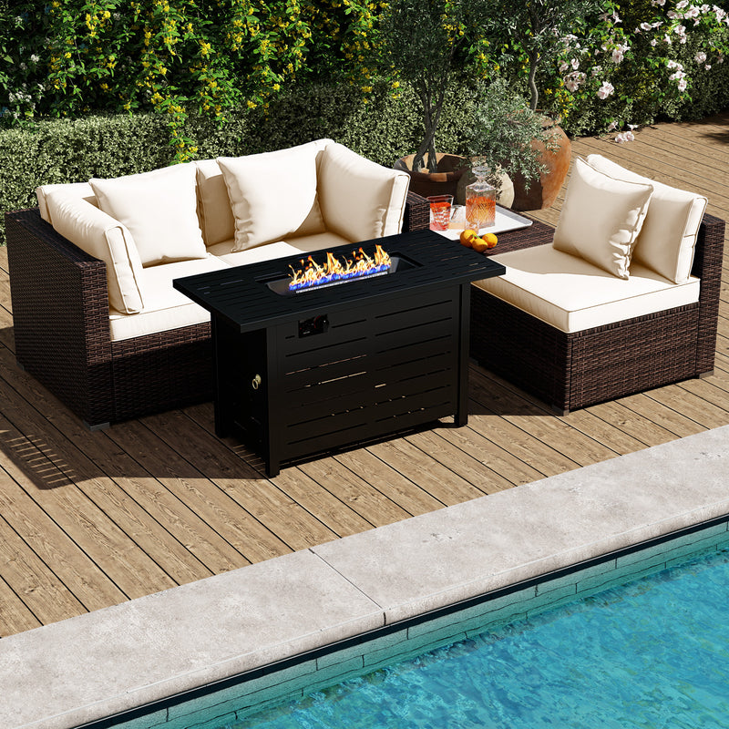 Costway - Heavy-duty Frame Rattan Sofa Set with 60000 BTU Firepit Table-Off White
