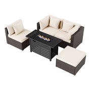 Costway - Heavy-duty Frame Rattan Sofa Set with 60000 BTU Firepit Table-Off White