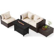 Costway - Heavy-duty Frame Rattan Sofa Set with 60000 BTU Firepit Table-Off White