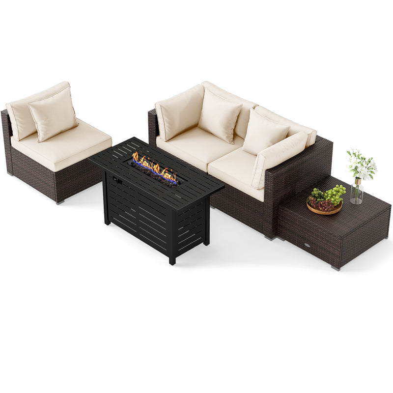 Costway - Heavy-duty Frame Rattan Sofa Set with 60000 BTU Firepit Table-Off White
