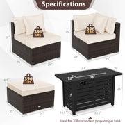 Costway - Heavy-duty Frame Rattan Sofa Set with 60000 BTU Firepit Table-Off White