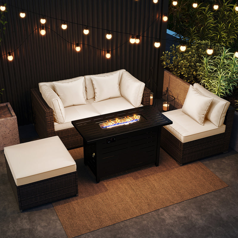 Costway - Heavy-duty Frame Rattan Sofa Set with 60000 BTU Firepit Table-Off White
