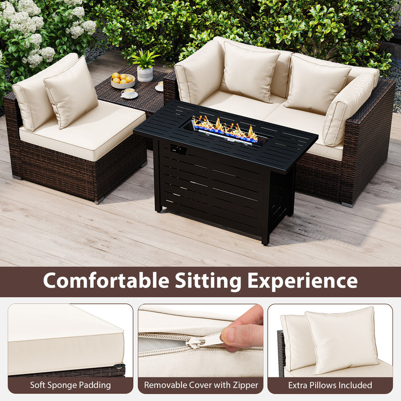 Costway - Heavy-duty Frame Rattan Sofa Set with 60000 BTU Firepit Table-Off White