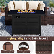 Costway - Heavy-duty Frame Rattan Sofa Set with 60000 BTU Firepit Table-Off White