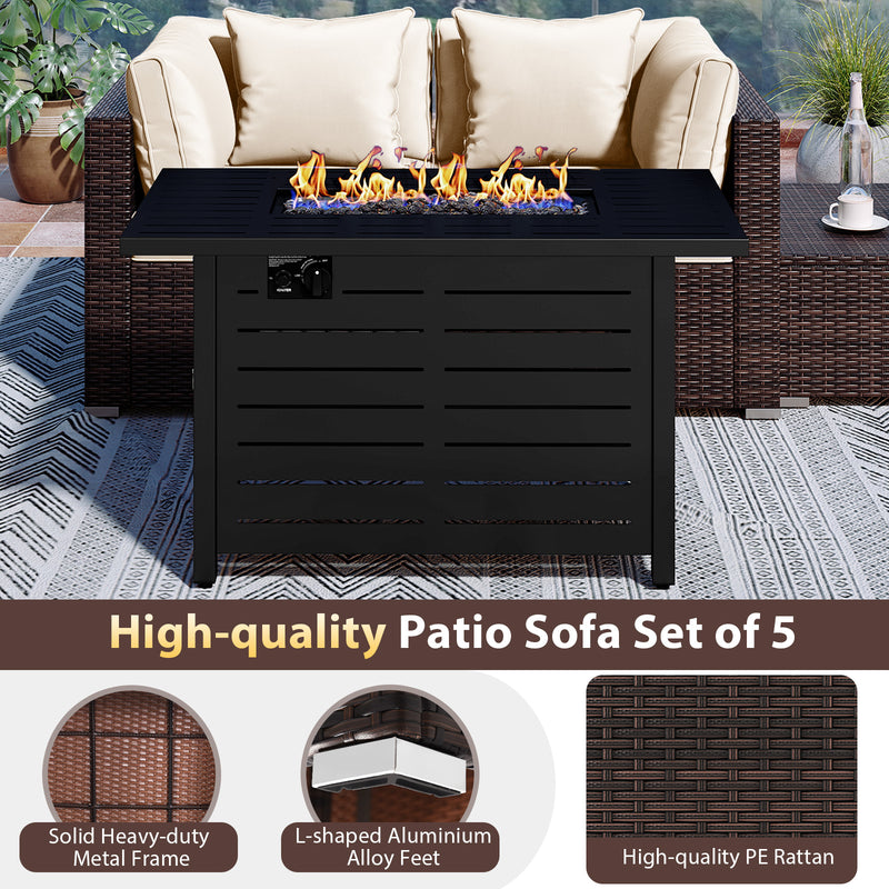 Costway - Heavy-duty Frame Rattan Sofa Set with 60000 BTU Firepit Table-Off White