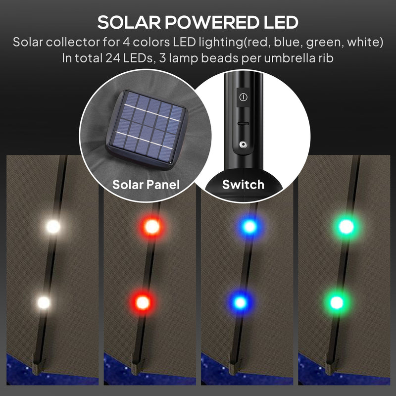 8.8 ft Solar Powered Outdoor Patio Umbrella Round Market Table Umbrella with Adjustable LED Lights Tilt Crank Dark Grey