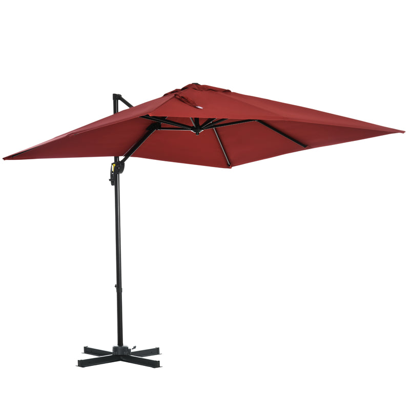 Outsunny - 8' x 8' Square Patio Hanging Offset Umbrella with 360° Rotation, Aluminum Outdoor Cantilever Parasol with Crank & Tilt, Sun Canopy Shelter with Cross Base, Wine Red — 84D-051V00WR