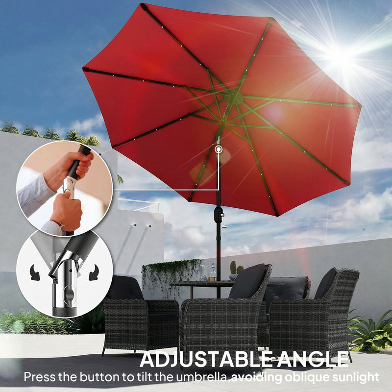 9ft Solar Patio Umbrella Outdoor Sunshade 24 LED Lights Tilt Canopy Wine Red