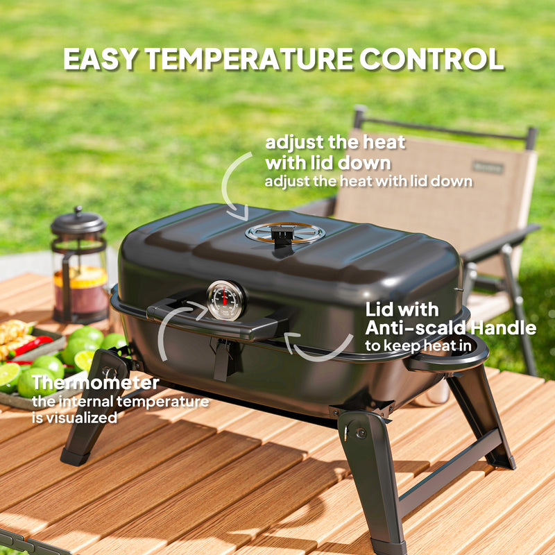 Outsunny - Charcoal BBQ Grill, Foldable Barbecue Grill with Warming Rack, Adjustable Vent, Thermometer, Handles, Black