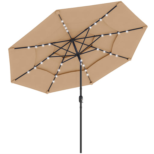 Outsunny - 9.3 ft Patio Umbrella with Solar LED Lights, Cover, 3 Tier Outdoor Market Table Parasol with Tilt, Crank, Khaki