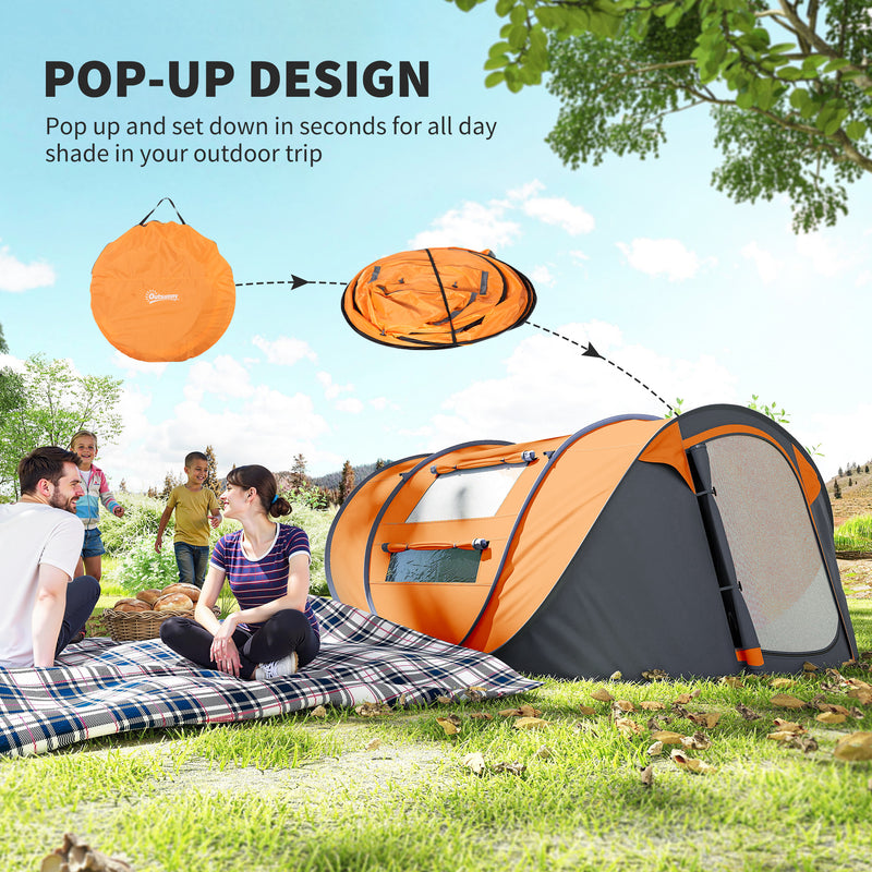 Outsunny - 4 Person Camping Tent, Easy Pop Up Tent with Doors, Windows and Carry Bag, Automatic Setup Tent for Hiking, Orange