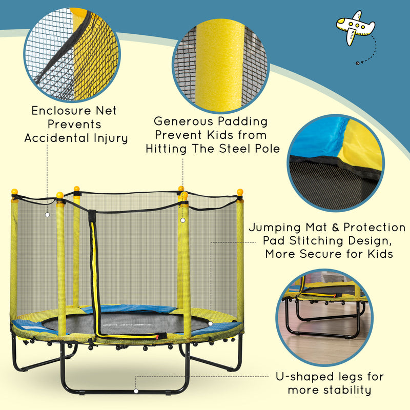 Qaba 4.6FT Trampoline for Kids with Enclosure Net for Ages 3-6, Indoor Outdoor Use, Yellow