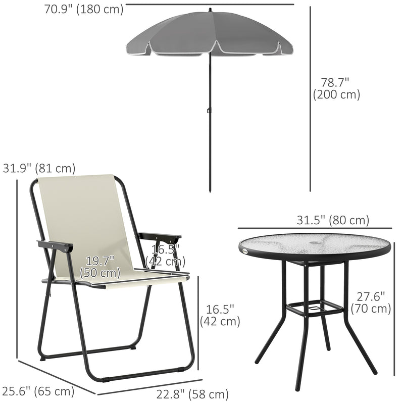 Outsunny - 6 Pieces Patio Dining Set with Umbrella, Patio Furniture Set with Folding Chairs, Glass Table for Garden Backyard, Cream White