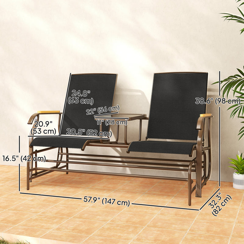Outsunny - Outdoor 2-Person Glider Bench, Outside Swing Glider Chair Loveseat with Breathable Mesh, Table, Steel Frame