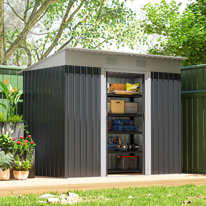 7' x 4' Outdoor Storage Shed, Metal Garden Tool Storage House Organizer with Lockable Sliding Doors and Vents for Backyard Patio Lawn, Charcoal Grey