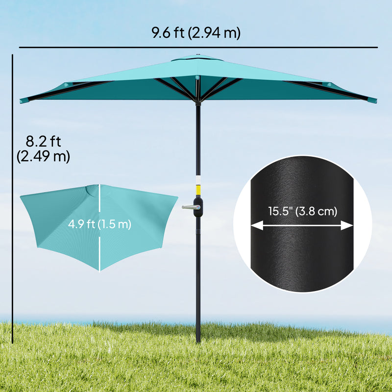 Outsunny - 9.8ft Half Umbrella Semi Round Patio Parasol with Crank Handle, Top Vent for Garden, Balcony - NO BASE INCLUDED, Light Blue — 84D-008V00LB