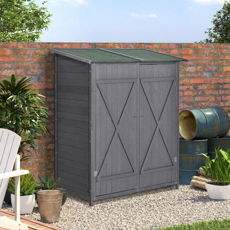 Garden Storage Shed Asphalt Roof Wooden Timber Double Door Utility Storage House with Shelf, Green and Grey