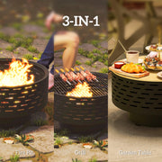 Outsunny - 3-in-1 Fire Pit Φ23.8" x 15.4" Outdoor Fire Bowl with Grill Grate, Wood-Effect Fire Basket