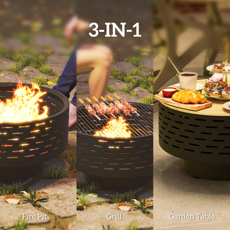 Outsunny - 3-in-1 Fire Pit Φ23.8" x 15.4" Outdoor Fire Bowl with Grill Grate, Wood-Effect Fire Basket