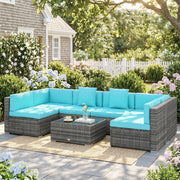 Outsunny - 7 Pieces Outdoor Rattan Furniture Set, Patio Wicker Sectional Conversation Sofa Set, Blue